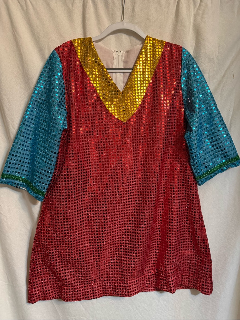 Sequin Party Dress - Red with Blue Sleeves and Gold V-Neck